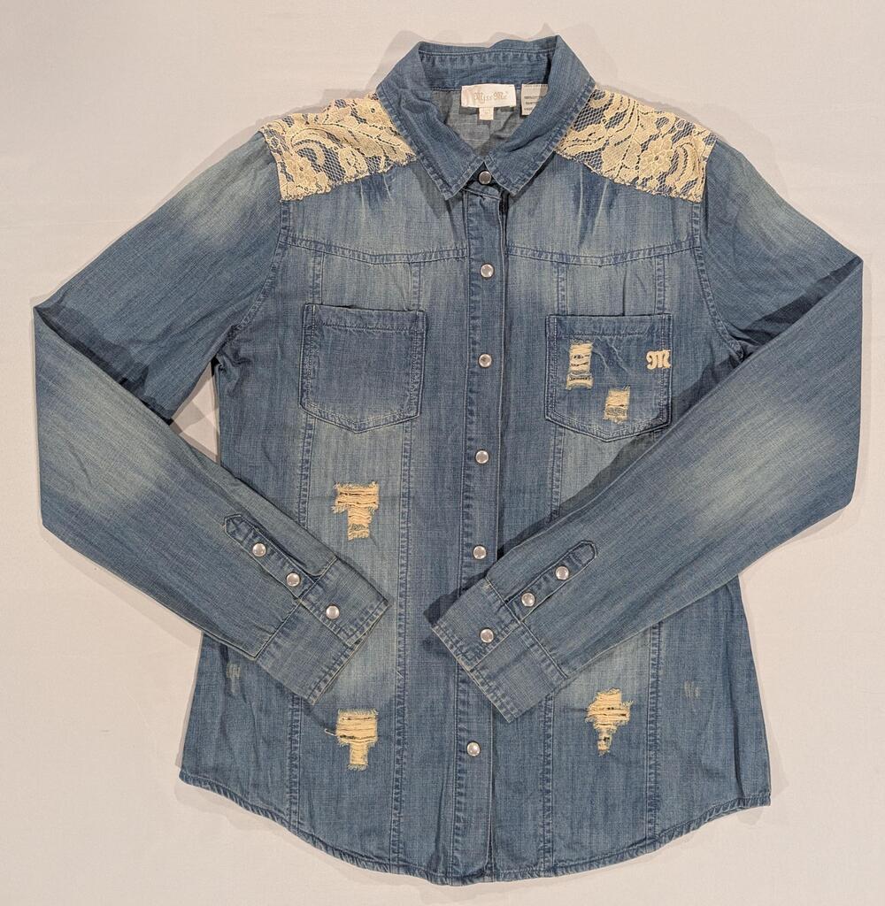 Miss Me Shirt Juniors M Blue Denim Lace Western Distressed Snap Button